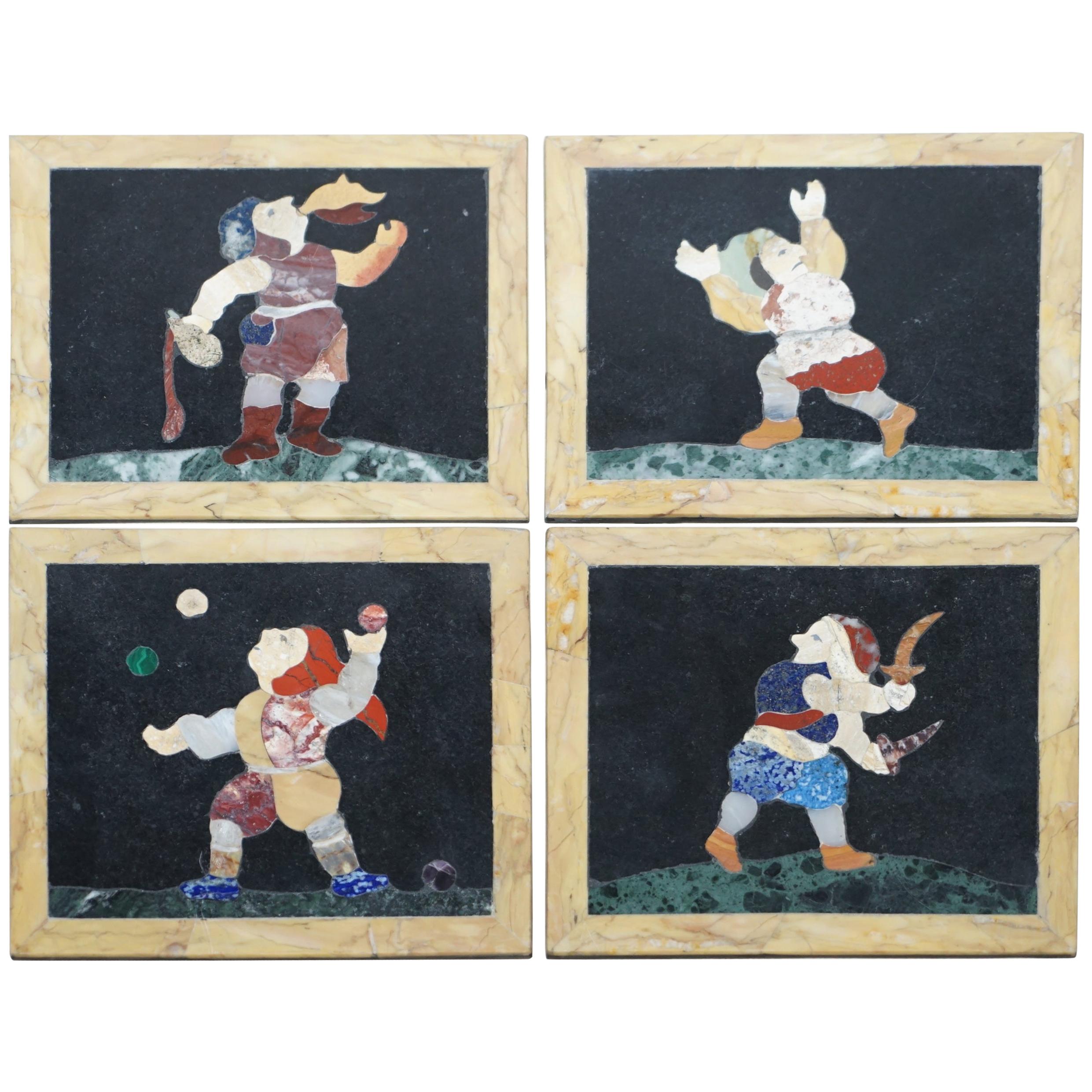 Four Rare Antique Italian Pietra Dura Marble Tiles Wall Plaque Fire Eater Jester
