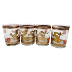 Four Rare Cera Glassware Vintage Rocks Glasses in the Golden Dragon Pattern