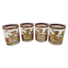 Four Rare Cera Glassware Retro Rocks Glasses in the Golden Dragon Pattern