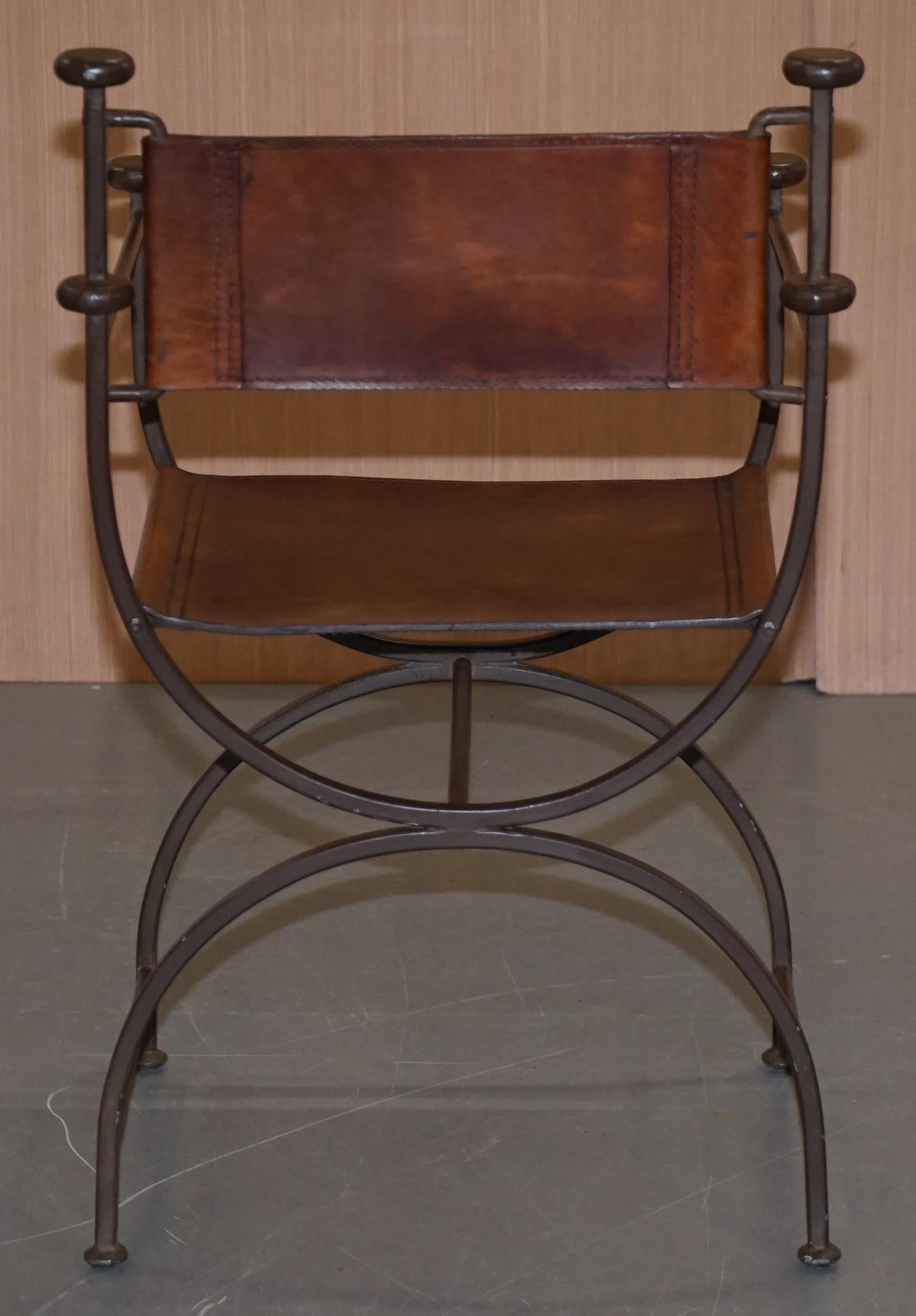 Four Rare Iron Brown Leather Italian Savonarola Directors Armchairs Part Suite 4 6