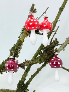 Four Rare Toadstool Mushroom Christmas Ornaments Vintage, German, 1930s