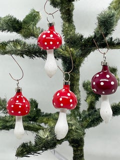 Four Rare Toadstool Mushroom Christmas Ornaments Vintage, German, 1930s