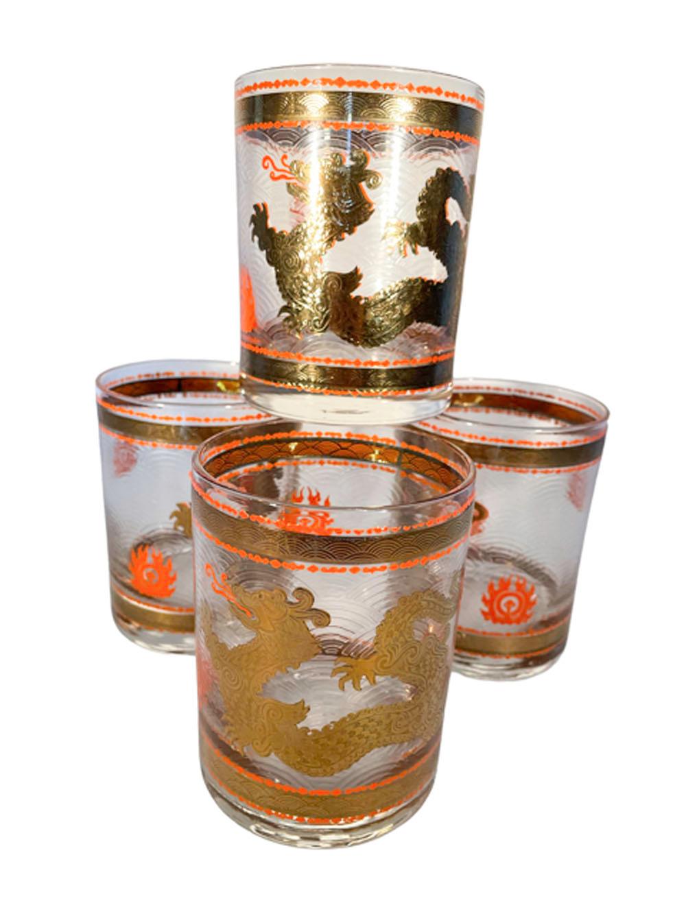 American Four Rare Vintage, Cera Glassware Rocks Glasses, in the Golden Dragon Pattern