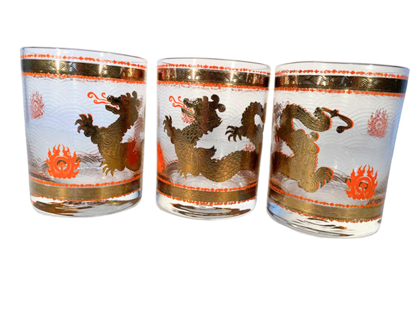 Four Rare Vintage, Cera Glassware Rocks Glasses, in the Golden Dragon Pattern In Good Condition In Nantucket, MA