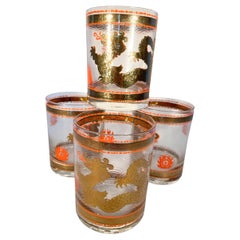 Four Rare Retro, Cera Glassware Rocks Glasses, in the Golden Dragon Pattern