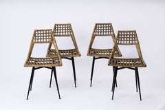 Four Rattan & Black Enameled Steel Chairs by Lucien Carrier - France 1950s