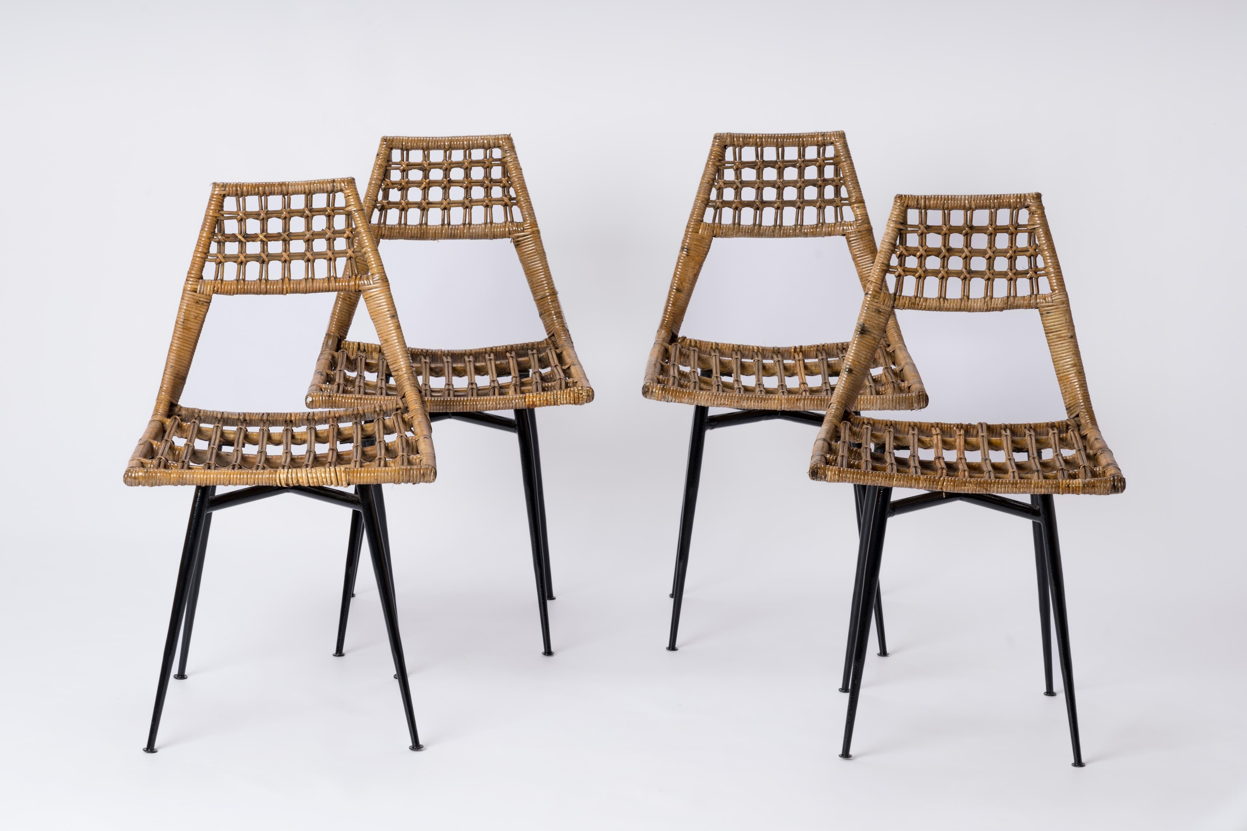 French Four Rattan & Black Enameled Steel Chairs by Lucien Carrier - France 1950s For Sale