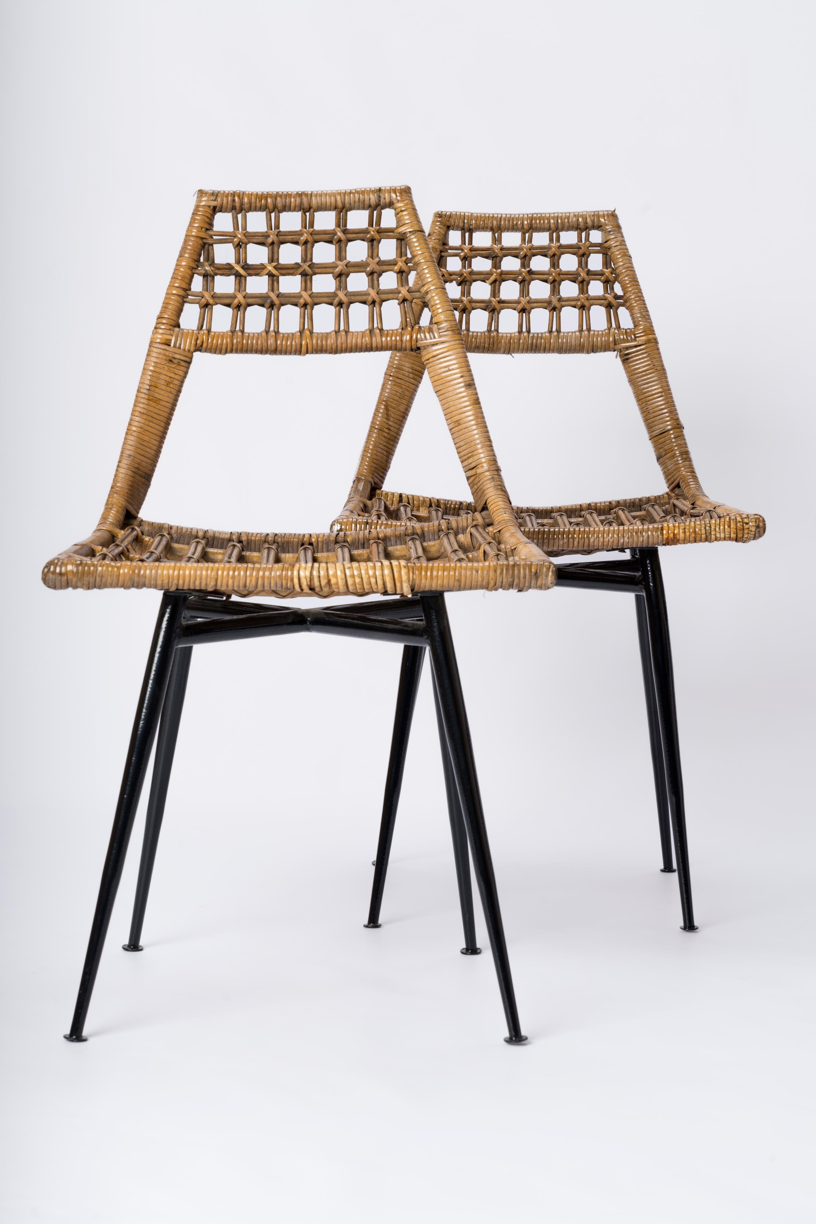 Four Rattan & Black Enameled Steel Chairs by Lucien Carrier - France 1950s In Fair Condition For Sale In New York, NY