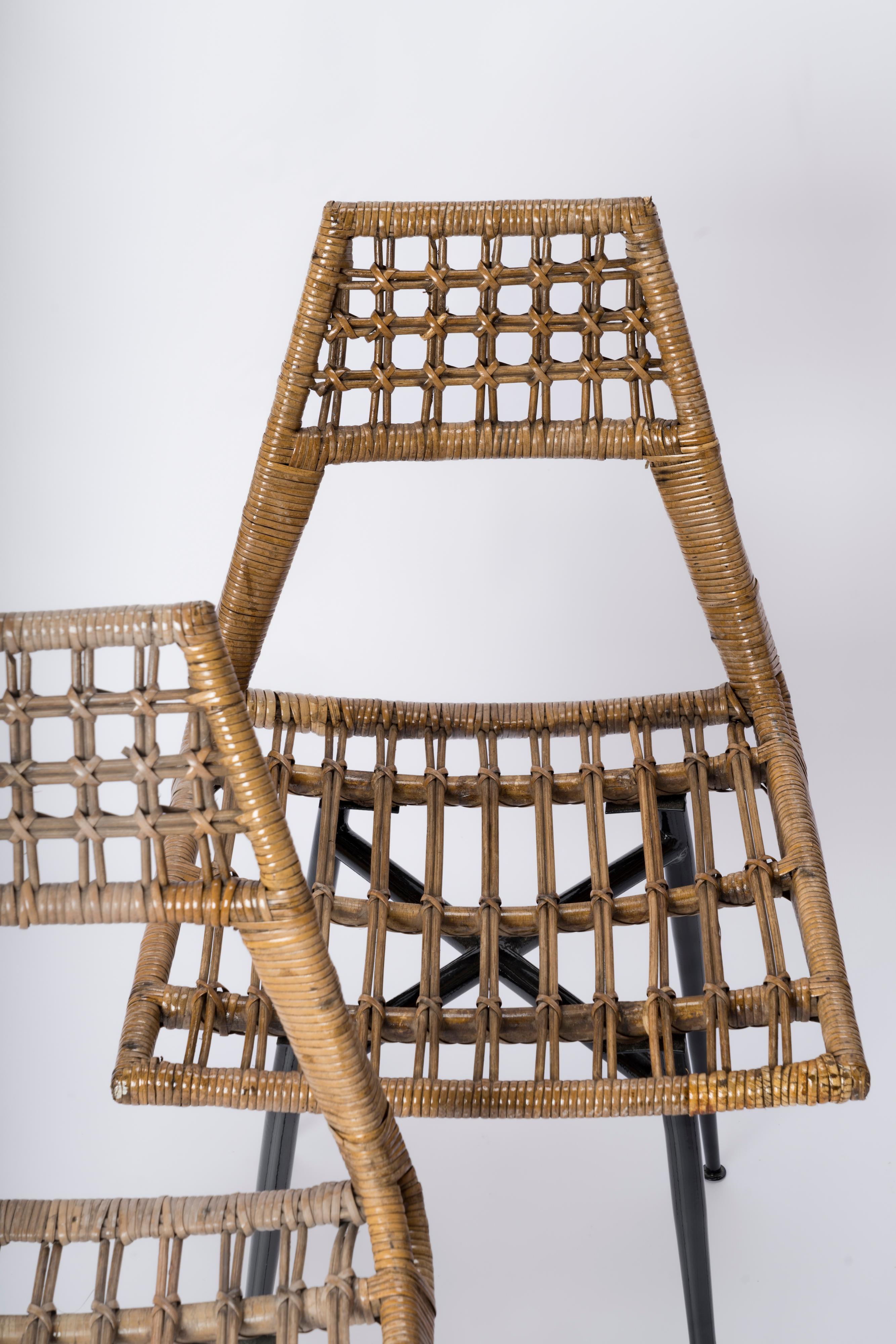 Mid-20th Century Four Rattan & Black Enameled Steel Chairs by Lucien Carrier - France 1950s For Sale