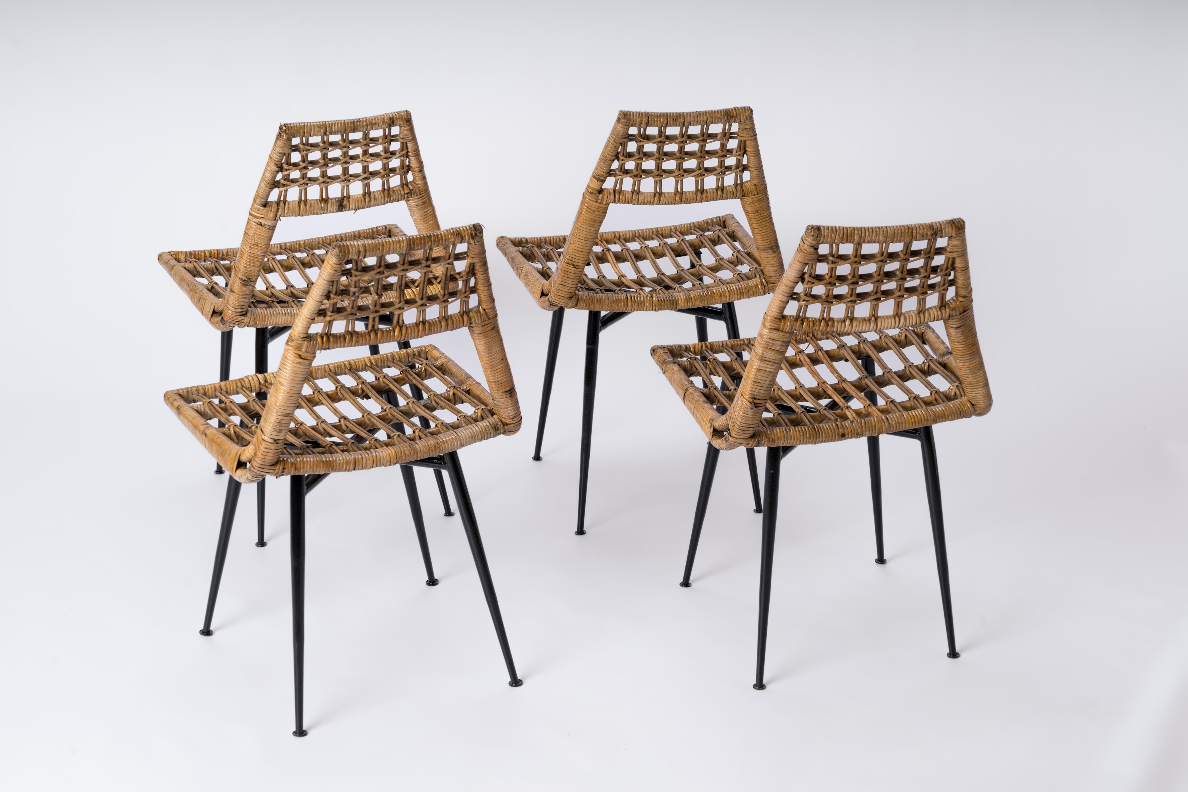 Four Rattan & Black Enameled Steel Chairs by Lucien Carrier - France 1950s For Sale 3