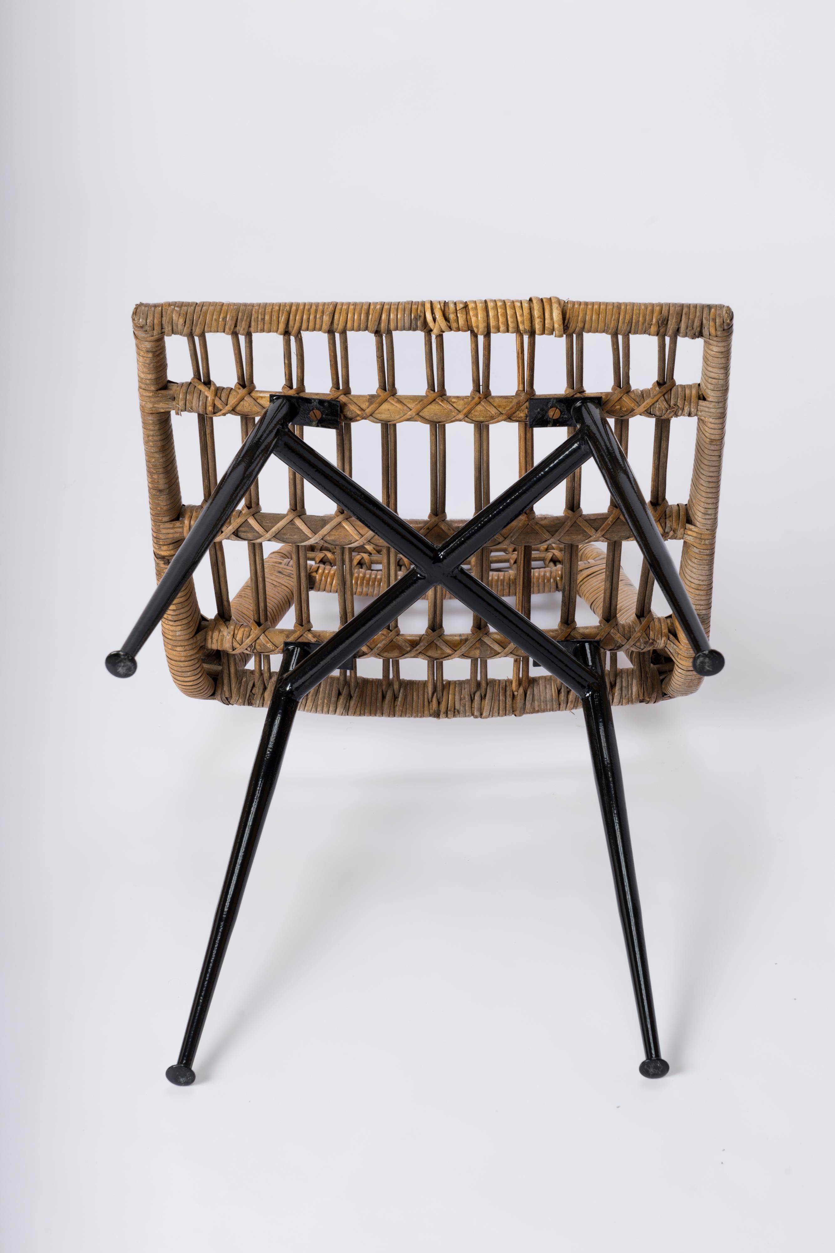 Four Rattan & Black Enameled Steel Chairs by Lucien Carrier - France 1950s For Sale 4
