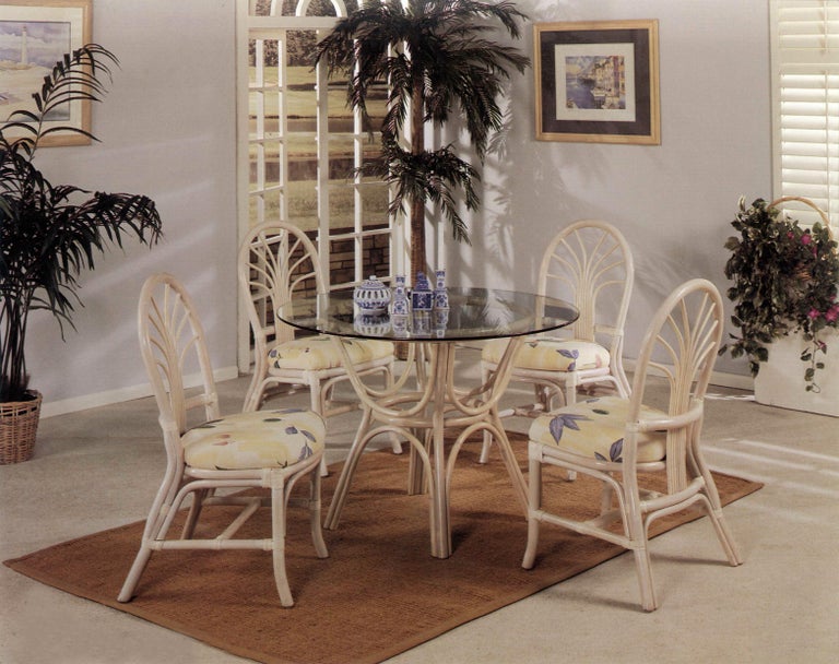 Four Rattan Palm Back "Sunrise" Chair and Glass Top Table in White