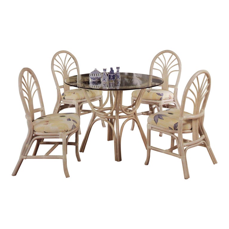 Four Rattan Palm Back "Sunrise" Chair and Glass Top Table in White