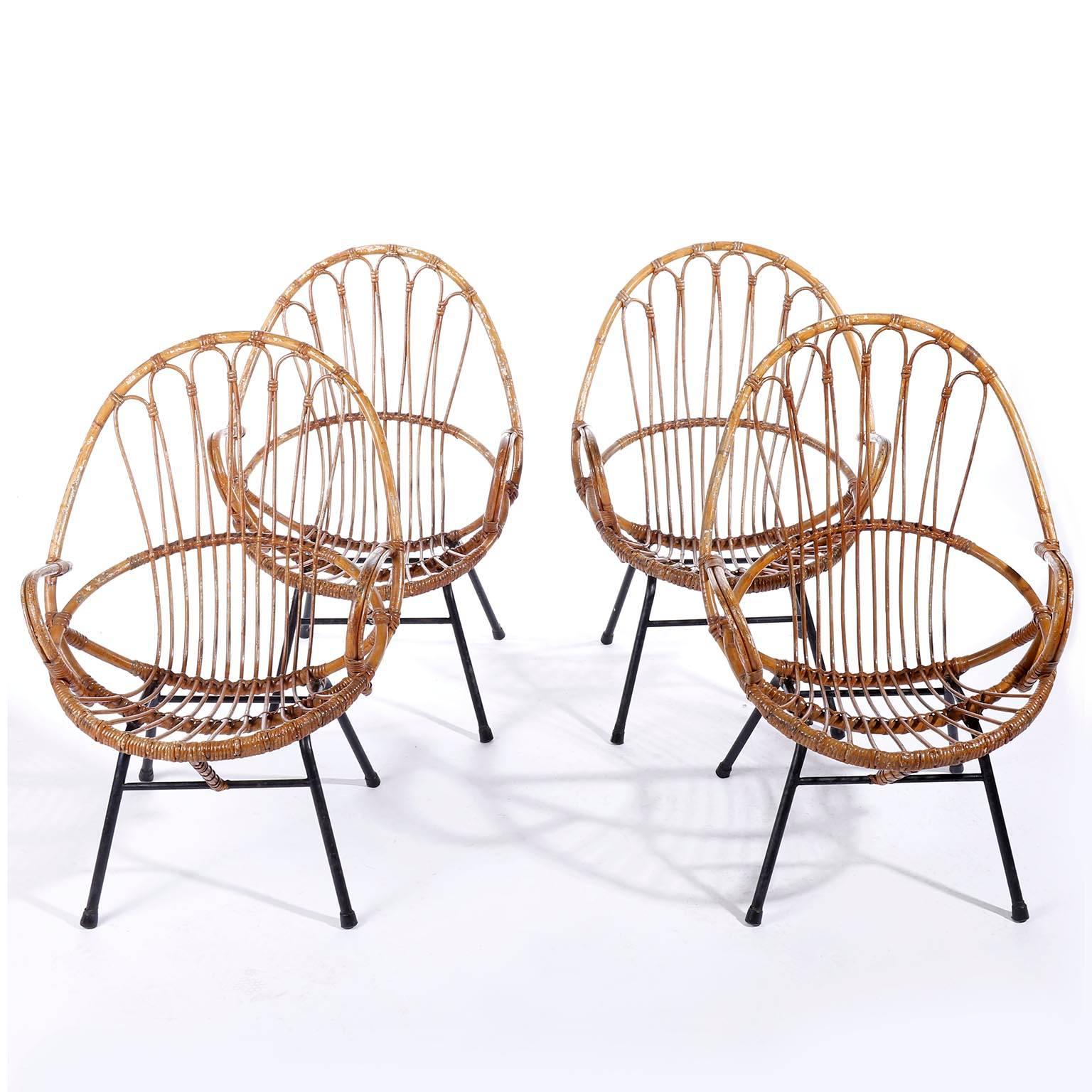 Mid-20th Century Four Rattan Wicker Bamboo Chairs Armchairs, Rohe Noordwolde, Netherlands, 1960s