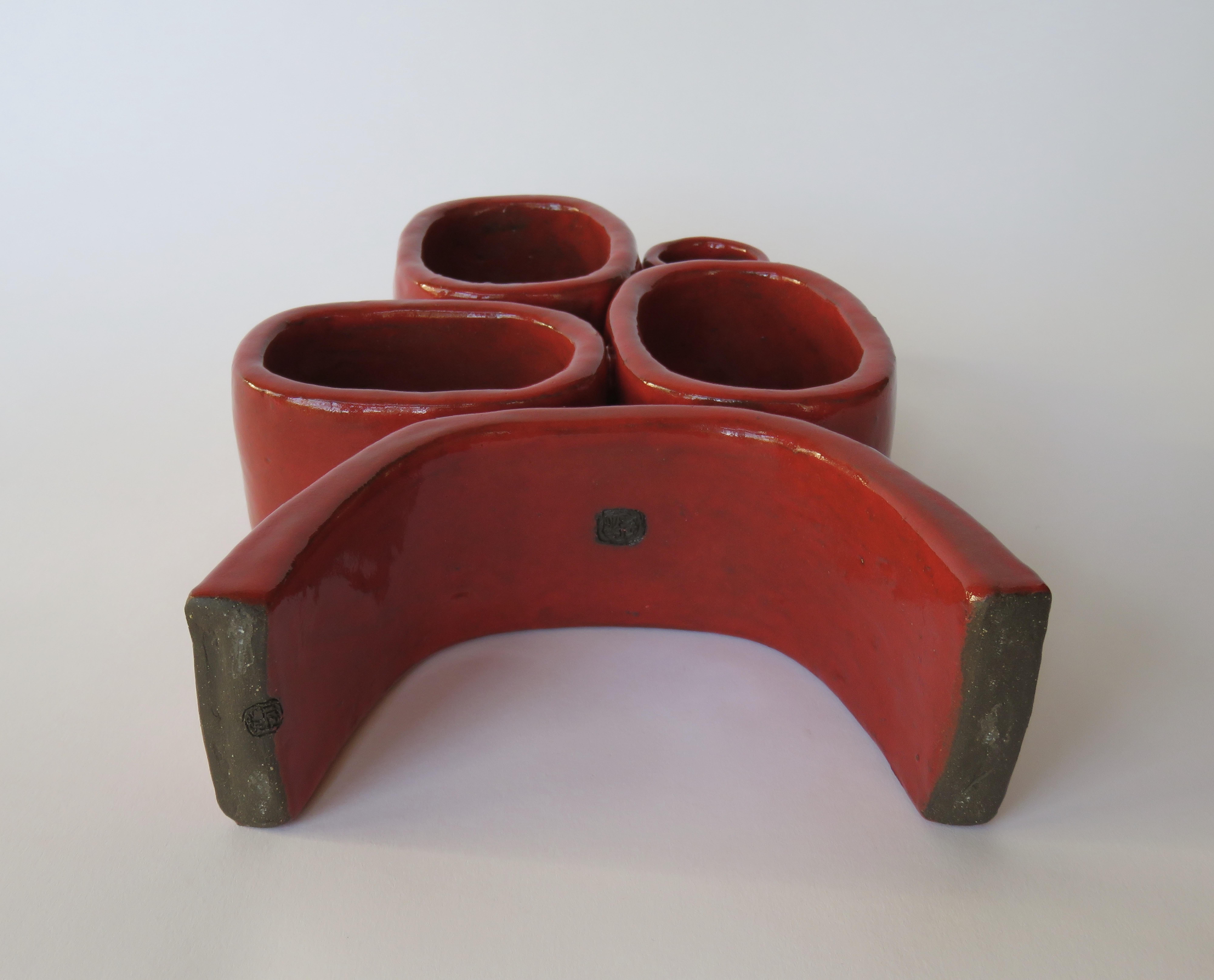 Four Red Rings on Angled Legs TOTEM, Glazed Hand Built Ceramic Stoneware 4