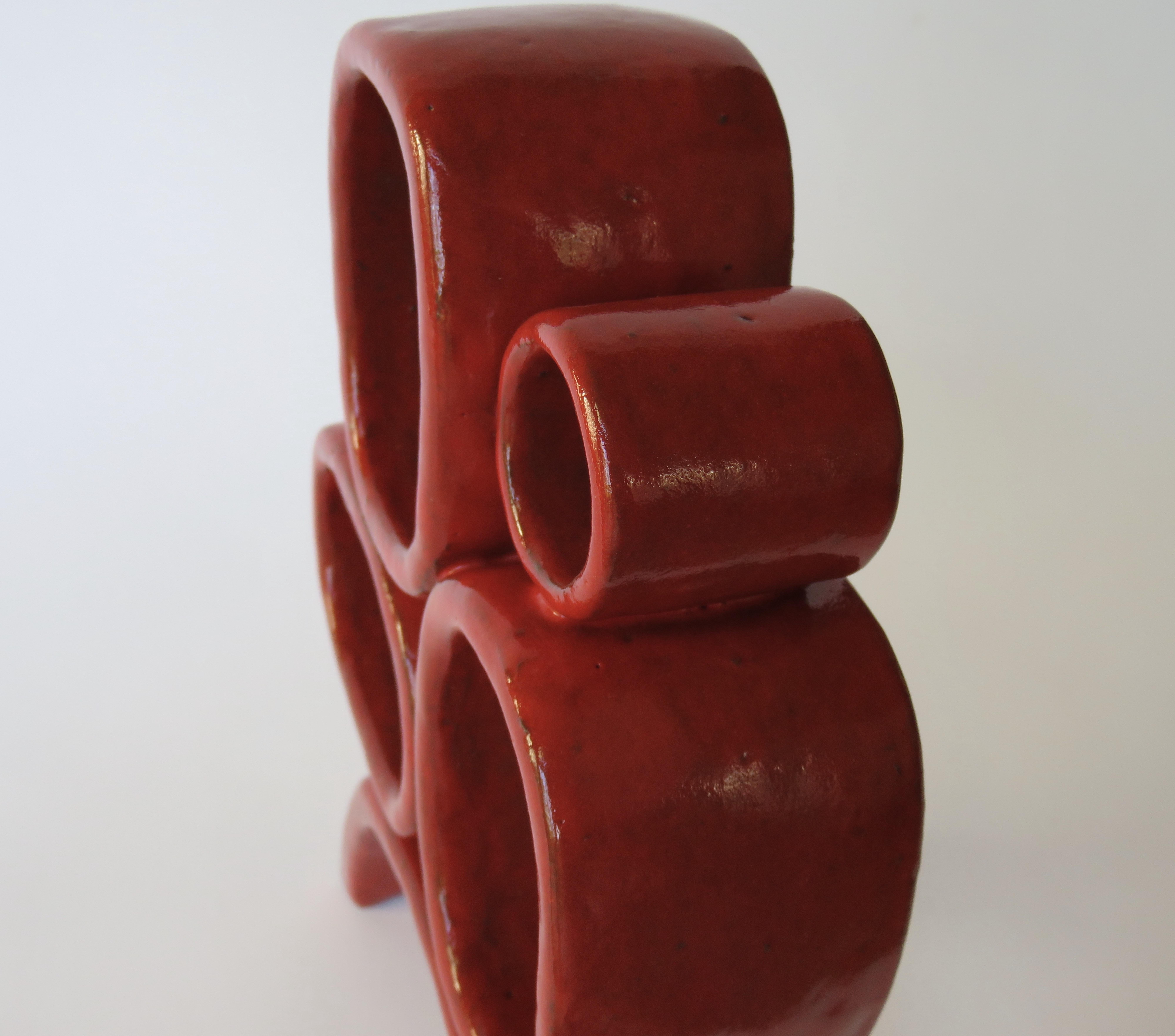 Four Red Rings on Angled Legs TOTEM, Glazed Hand Built Ceramic Stoneware 5