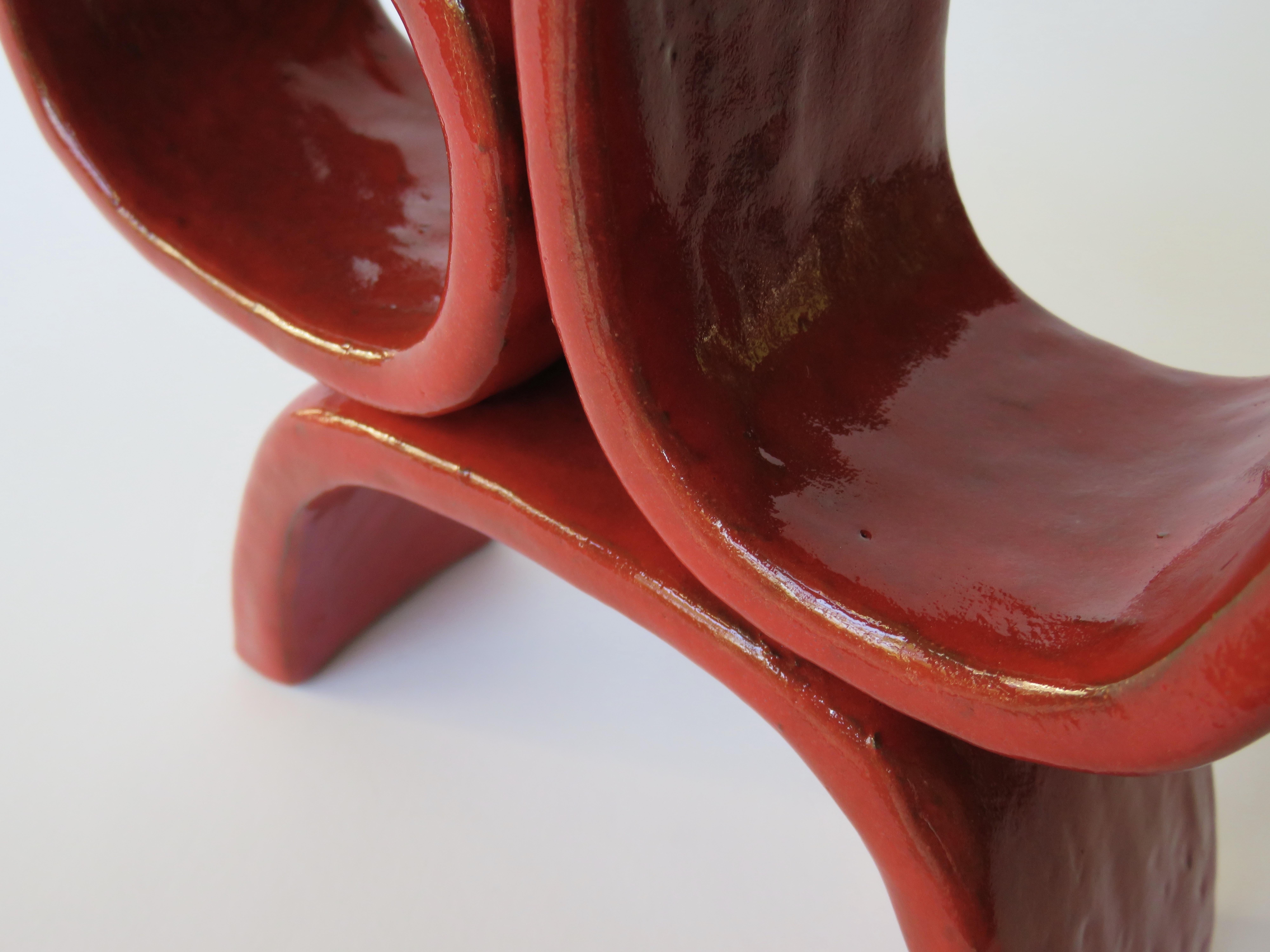Four Red Rings on Angled Legs TOTEM, Glazed Hand Built Ceramic Stoneware 7