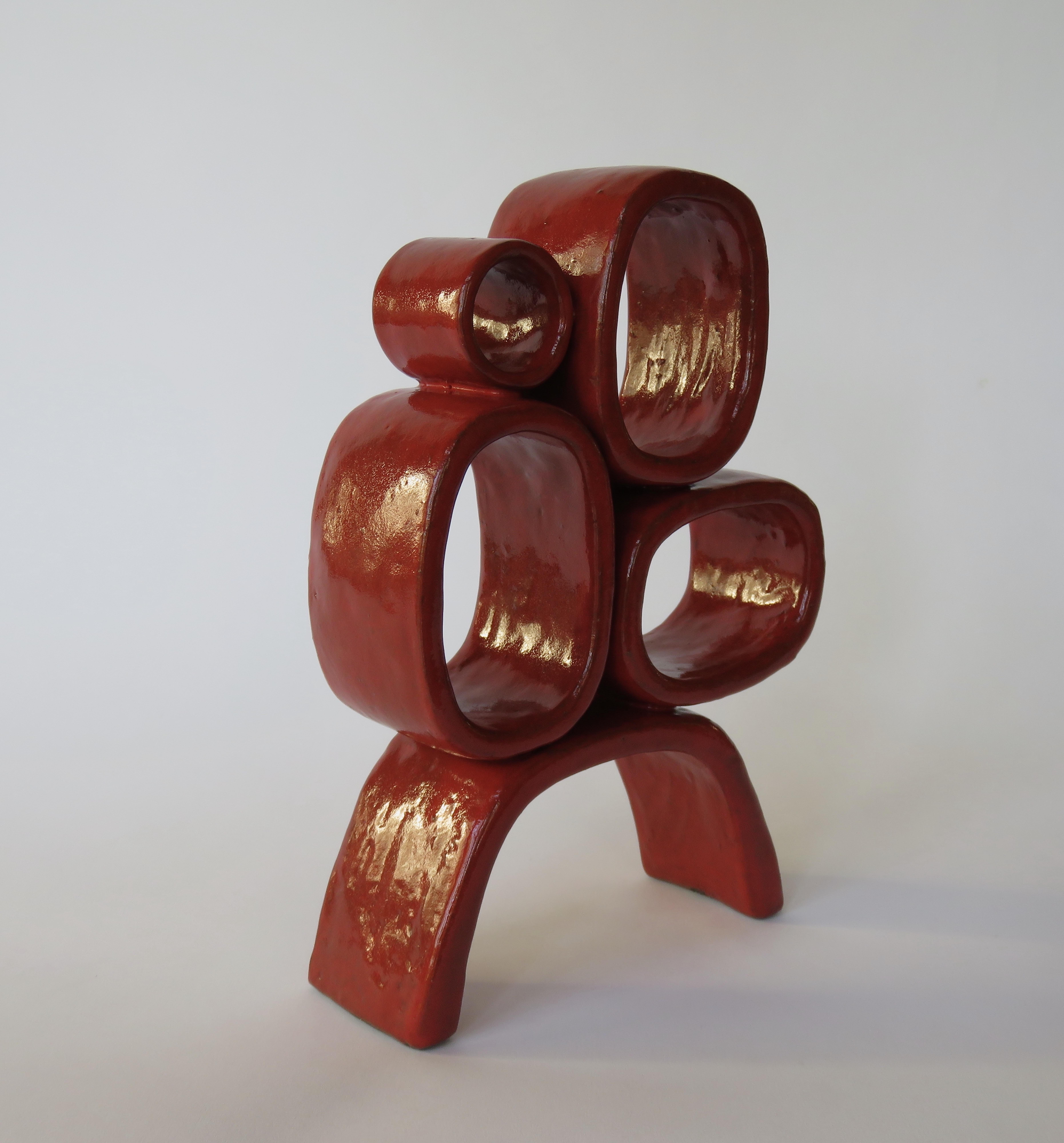 American Four Red Rings on Angled Legs TOTEM, Glazed Hand Built Ceramic Stoneware