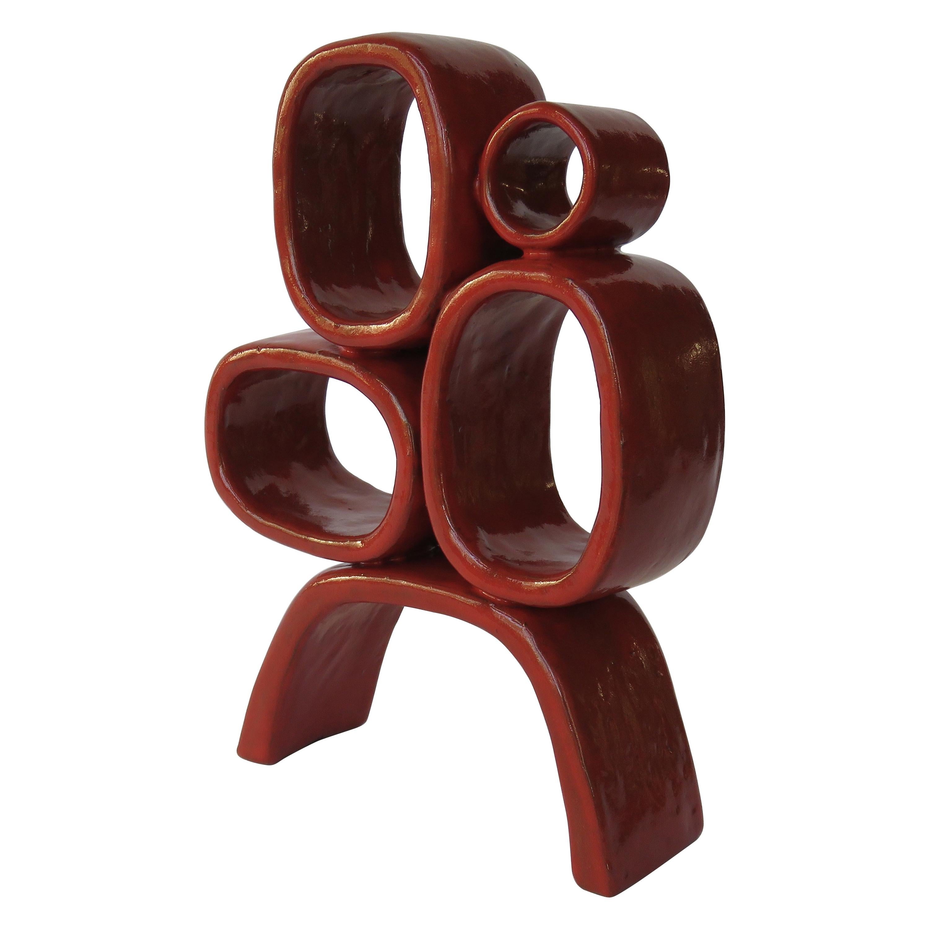 Four Red Rings on Angled Legs TOTEM, Glazed Hand Built Ceramic Stoneware