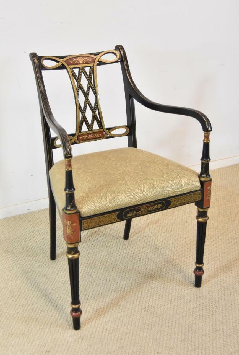 Four Regency Beaufort Traditional armchairs by Southwood Furniture Co. Beautiful black satin lacquer painted wood with hand painted details of basket, flowers and designs. Upholstered seats. Very nice condition. Chairs measure: 22 1/2