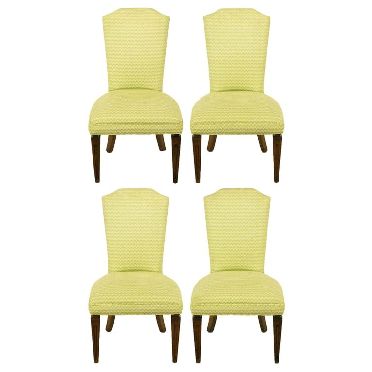 Four Regency Side Chairs In Apple Green & White Flamestitch For Sale