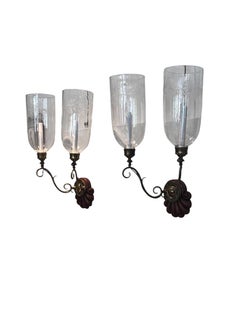 Four Regency style Brass Mahogany Wall Sconces with etched hurricane shades