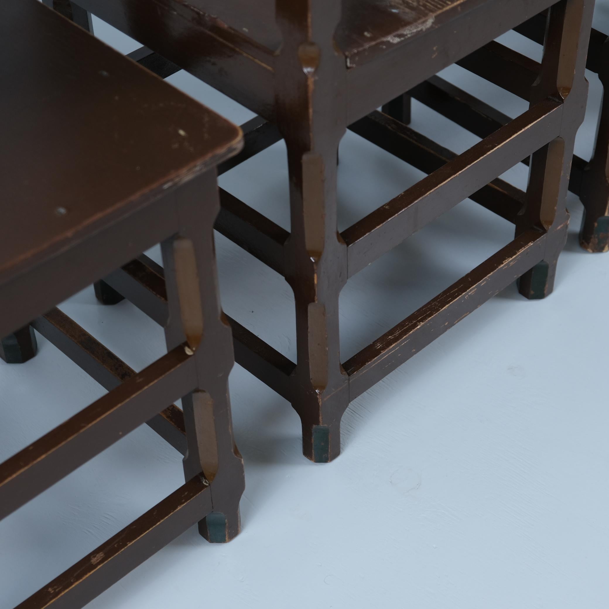 Four Renaissance Style Pine Chairs, Painted in Browns & Greens, Finland 1950s For Sale 4