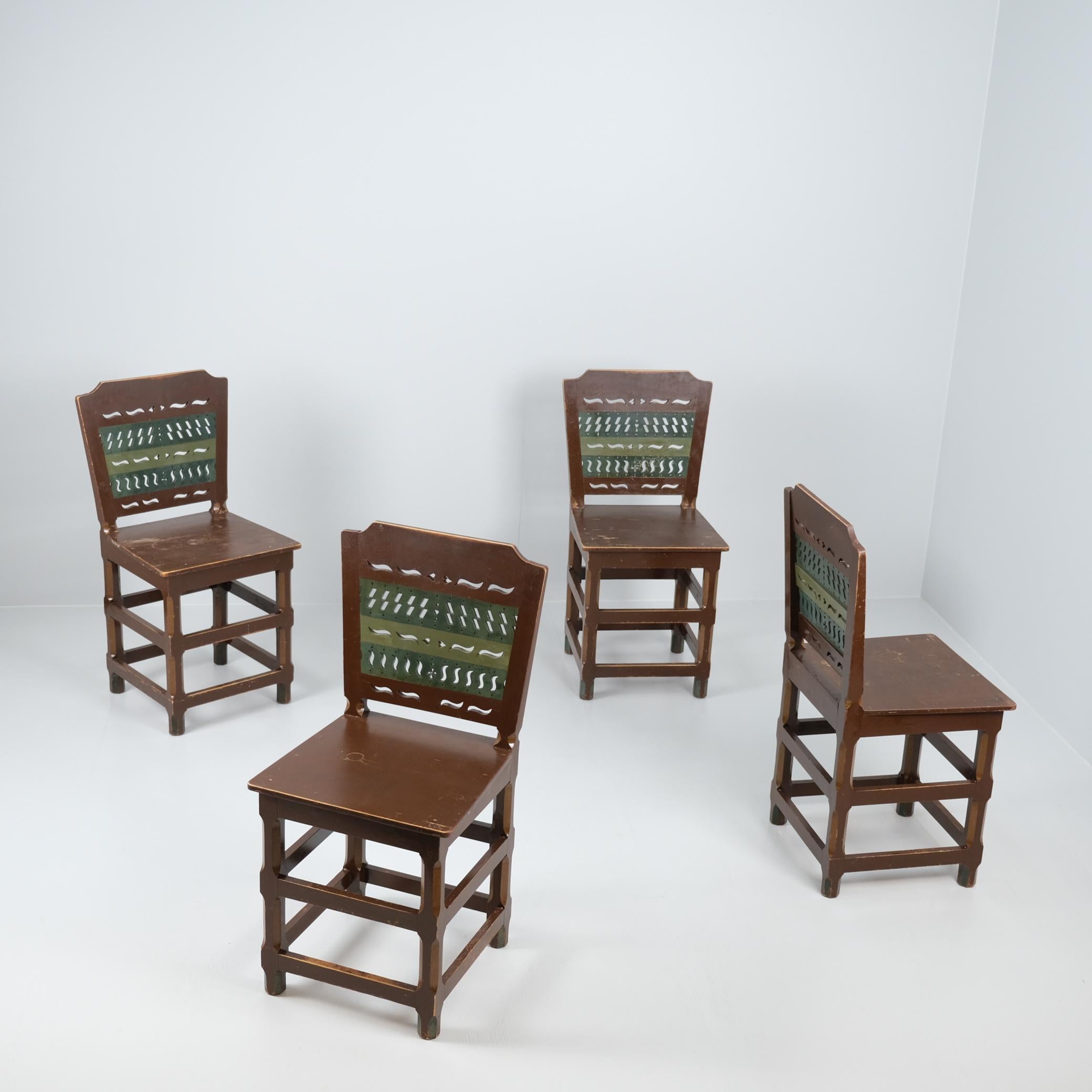 Four Renaissance Style Pine Chairs, Painted in Browns & Greens, Finland 1950s For Sale 6