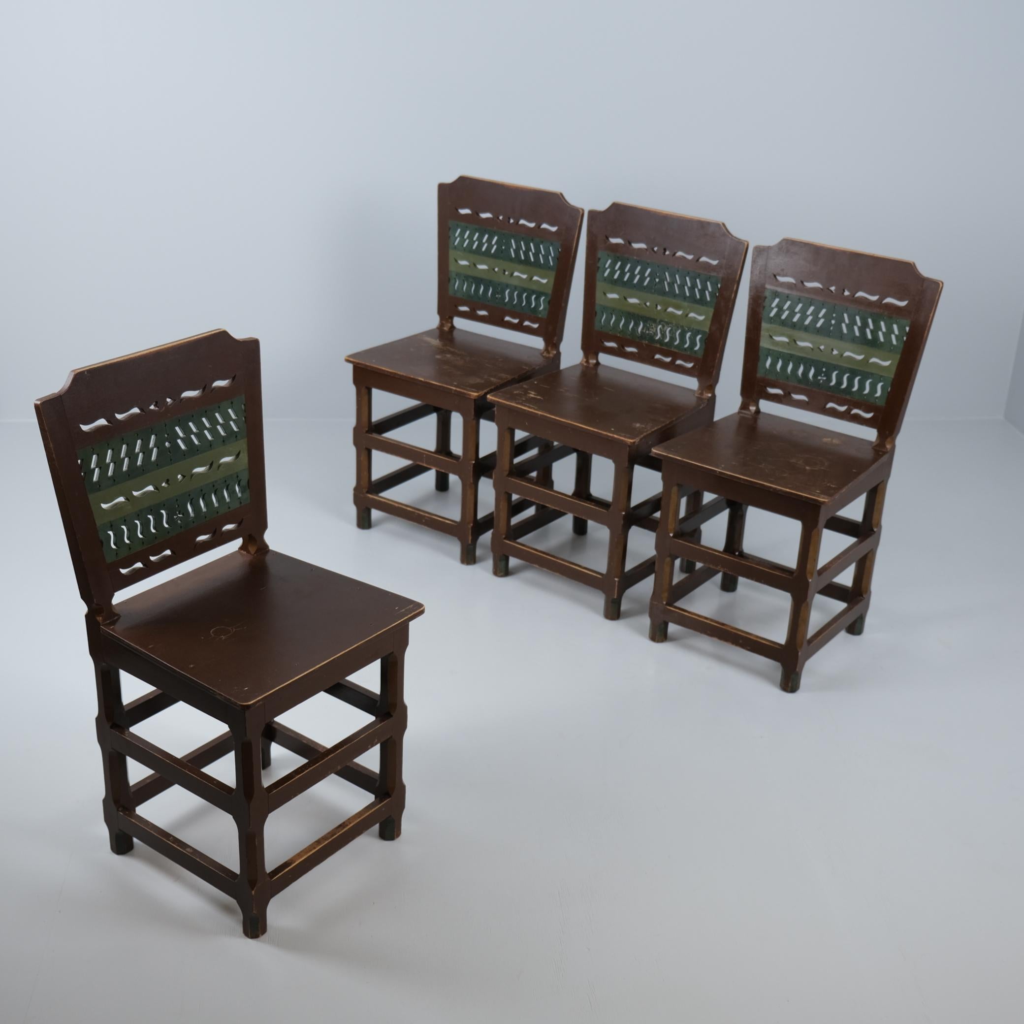 Folk Art Four Renaissance Style Pine Chairs, Painted in Browns & Greens, Finland 1950s For Sale