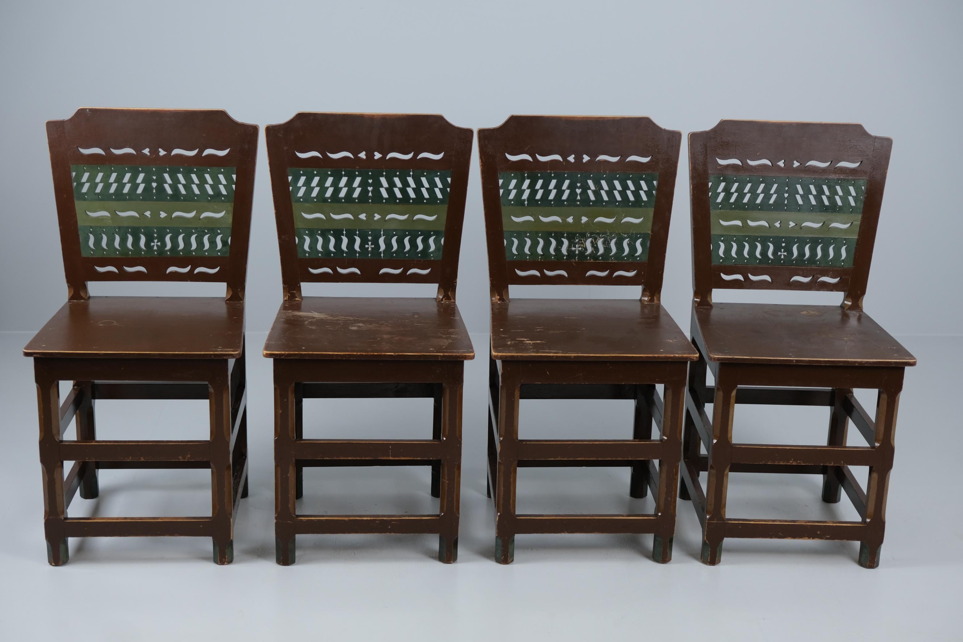 Finnish Four Renaissance Style Pine Chairs, Painted in Browns & Greens, Finland 1950s For Sale