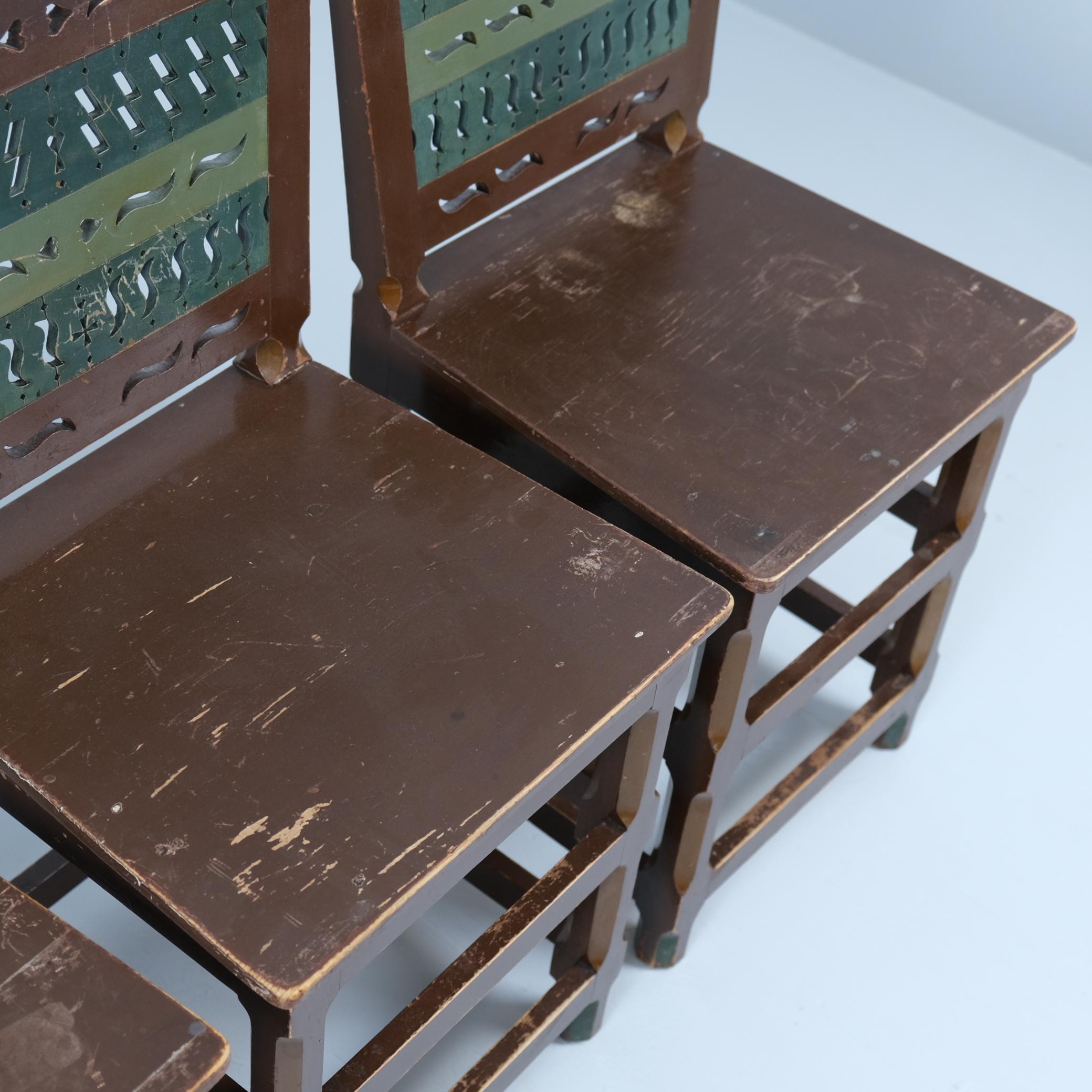 Mid-20th Century Four Renaissance Style Pine Chairs, Painted in Browns & Greens, Finland 1950s For Sale