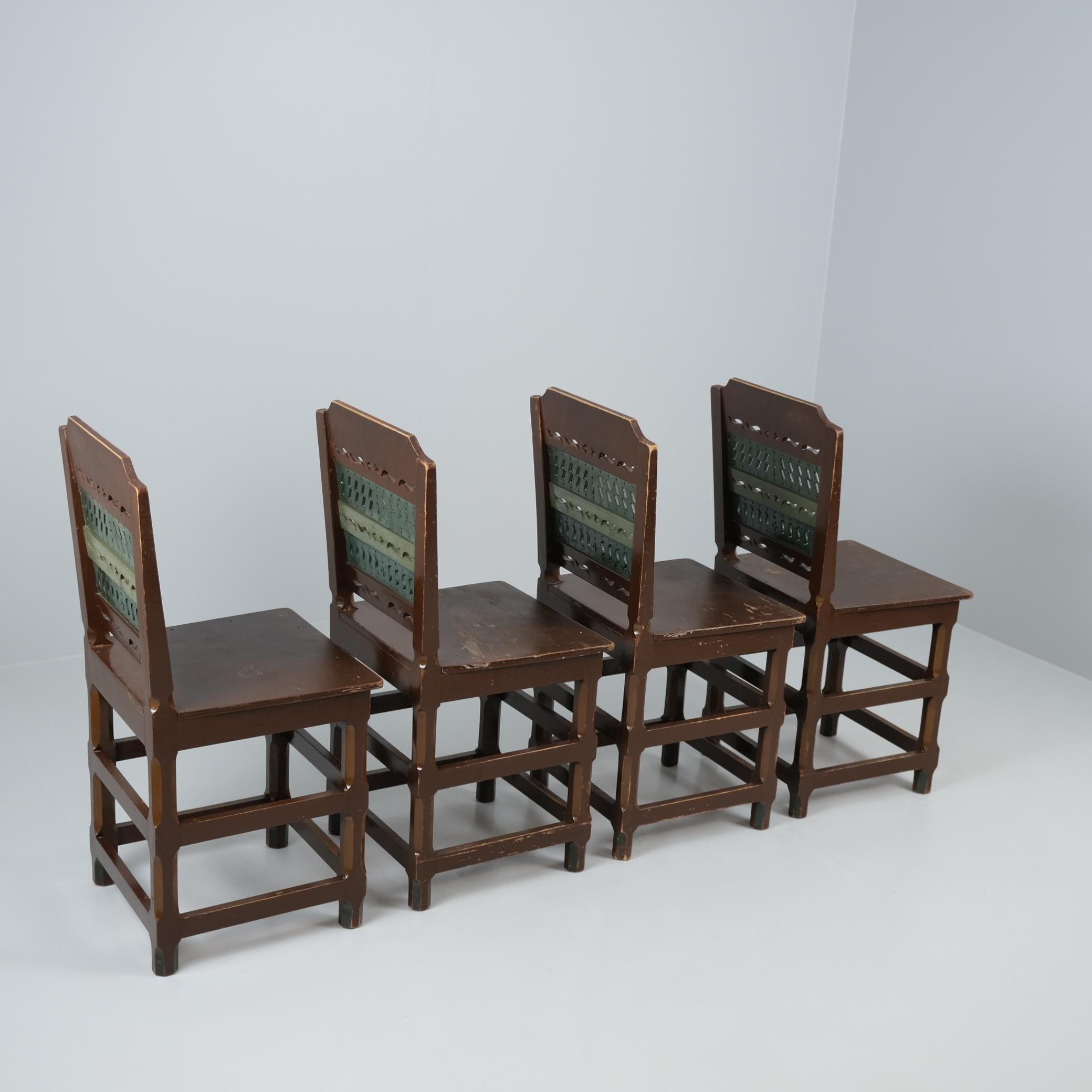Four Renaissance Style Pine Chairs, Painted in Browns & Greens, Finland 1950s For Sale 3