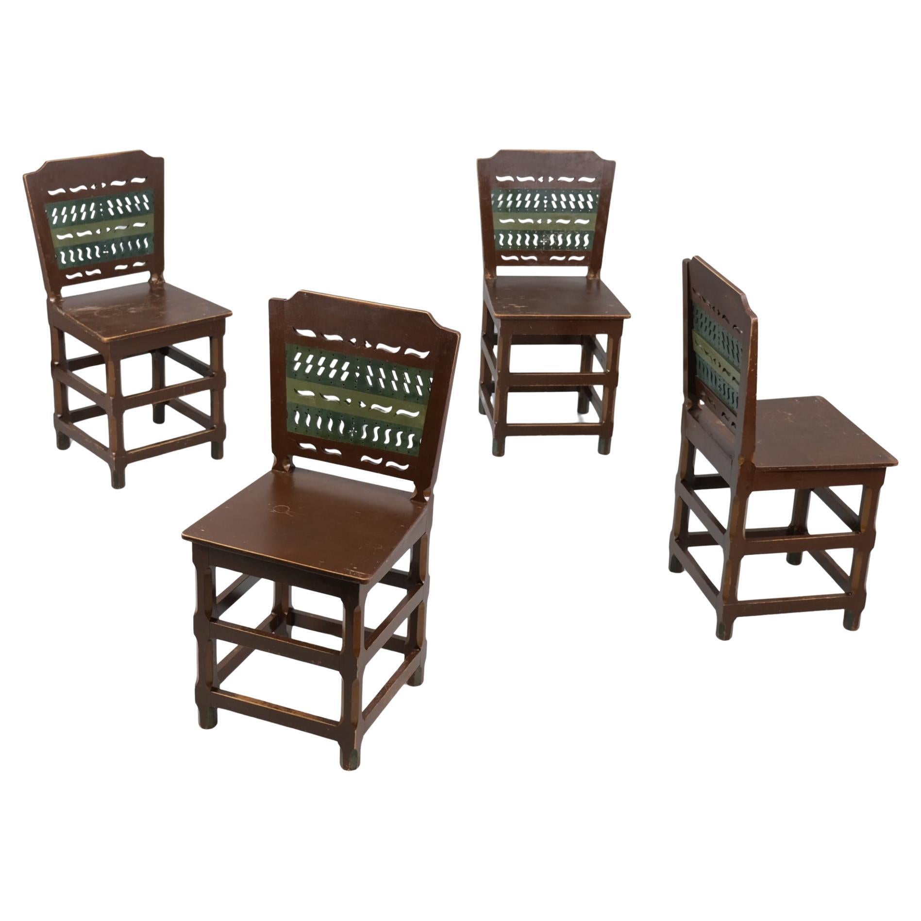 Four Renaissance Style Pine Chairs, Painted in Browns & Greens, Finland 1950s For Sale