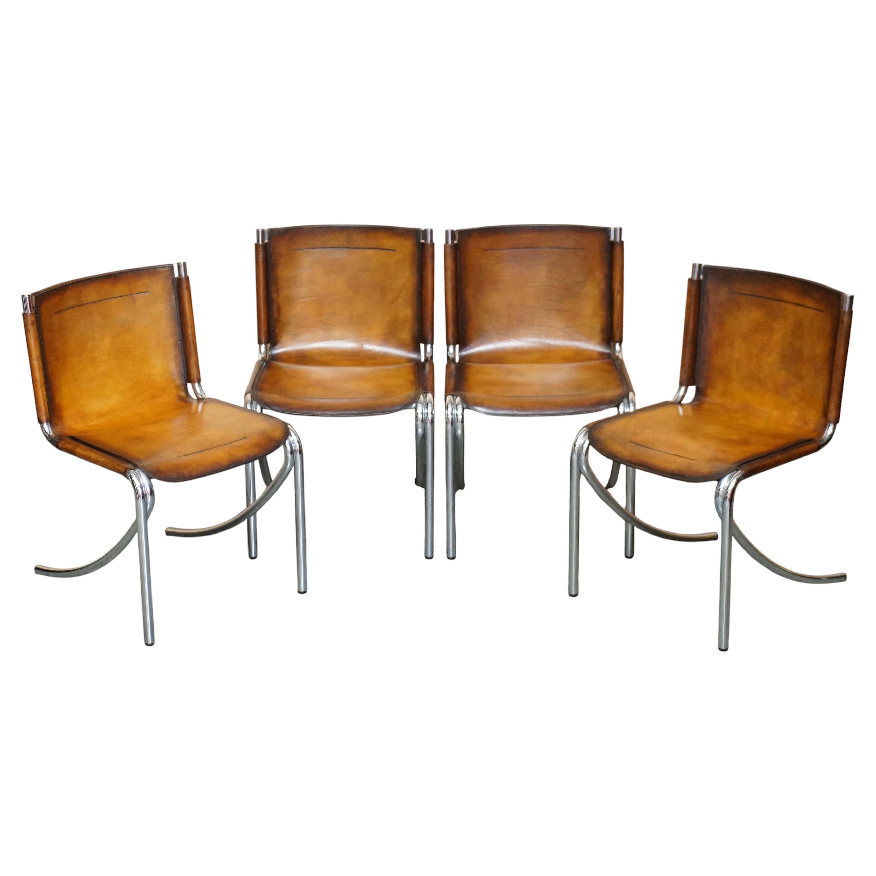 FOUR RESTORED ACERBIS JOT GIOTTO STOPPINO BROWN LEATHER CHROME DINING CHAIRs