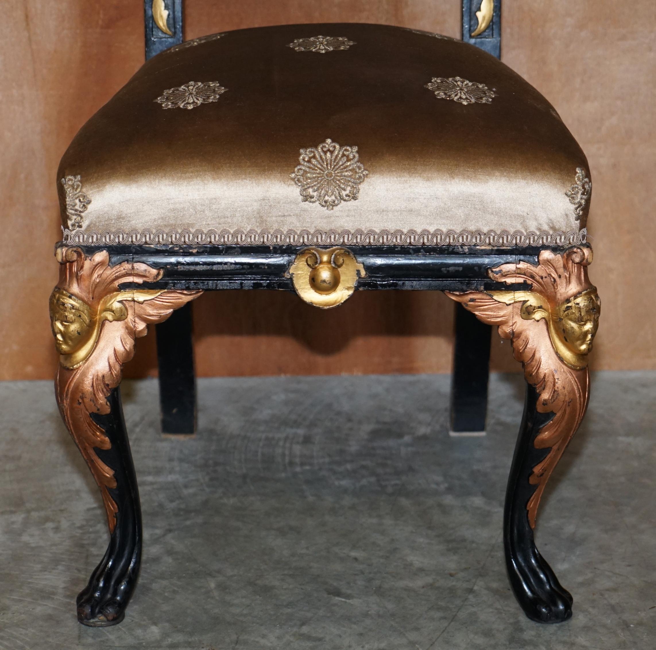 Four Restored Antique Victorian Heavily Carved Ebonised Gold Gilt Dining Chairs For Sale 3