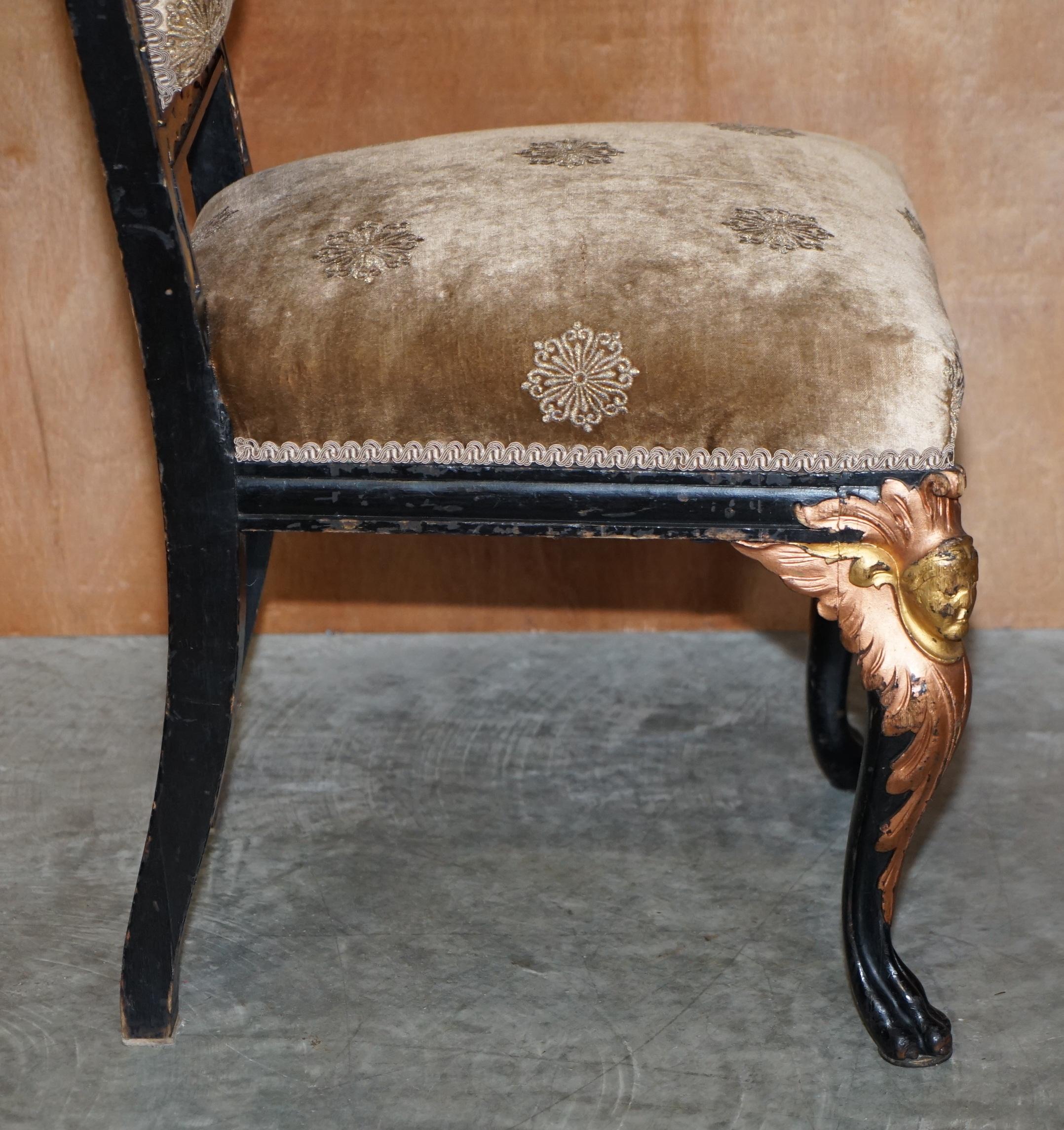 Four Restored Antique Victorian Heavily Carved Ebonised Gold Gilt Dining Chairs For Sale 8