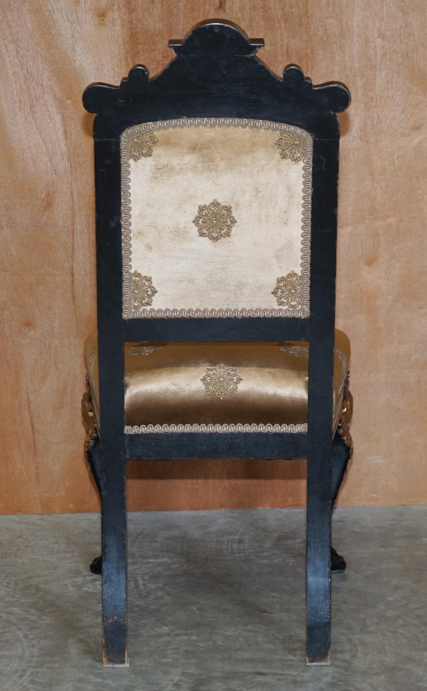 Four Restored Antique Victorian Heavily Carved Ebonised Gold Gilt Dining Chairs For Sale 9