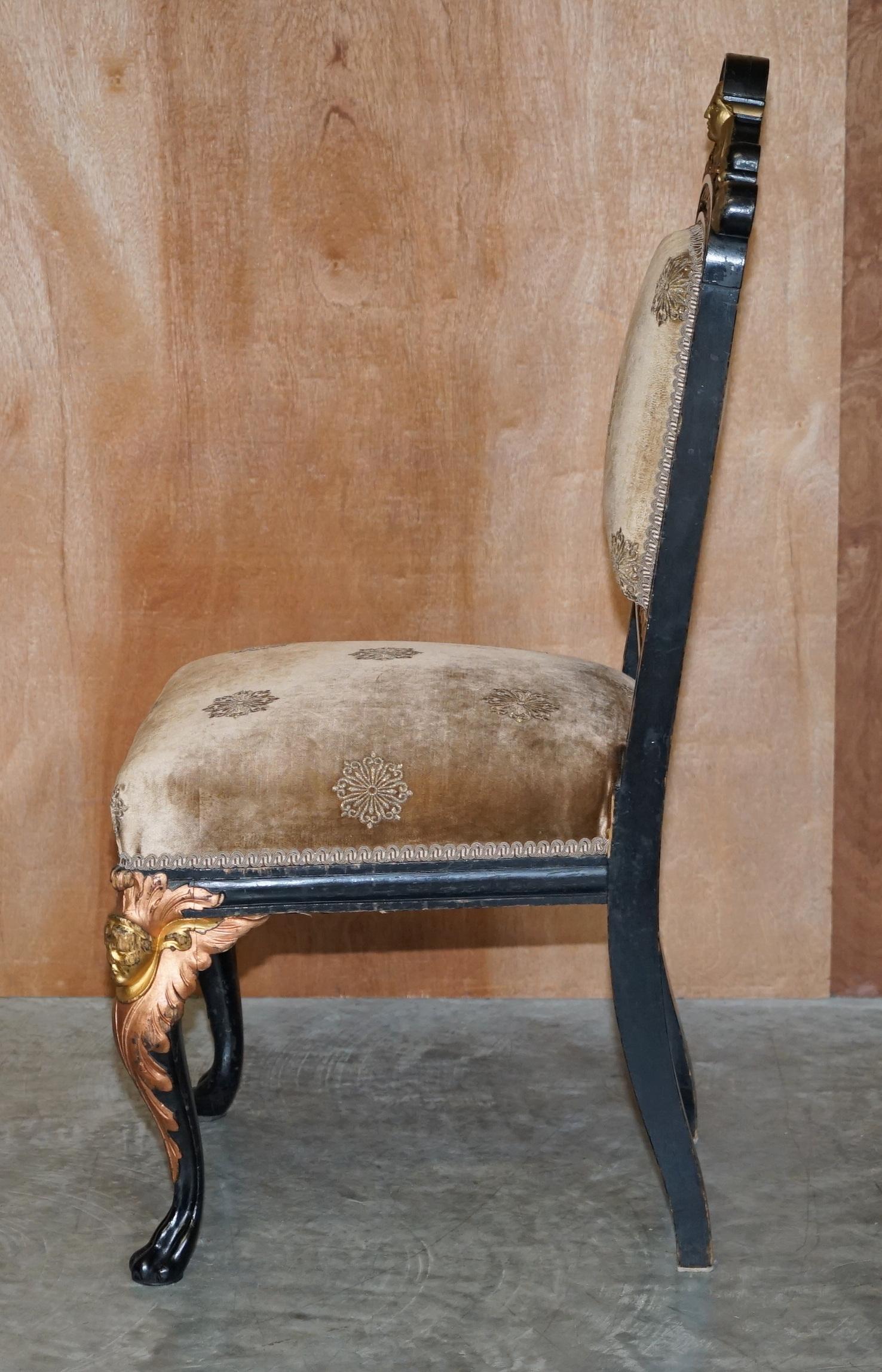 Four Restored Antique Victorian Heavily Carved Ebonised Gold Gilt Dining Chairs For Sale 11