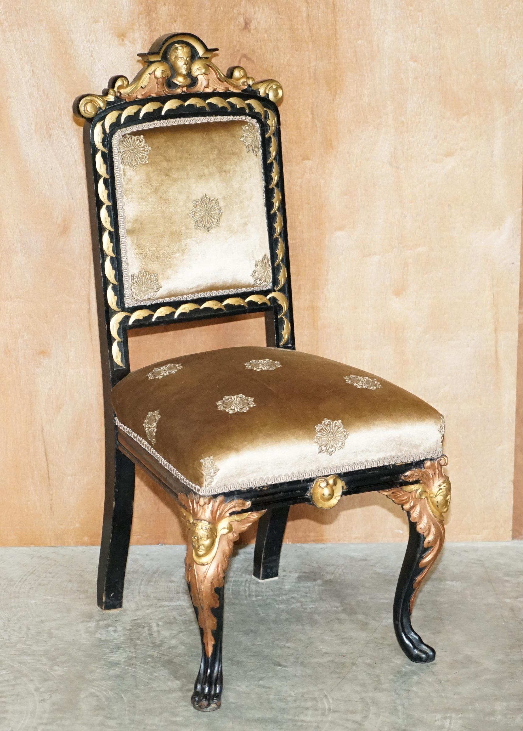 We are delighted to offer this extremely rare suite of four early Victorian circa 1840-1860 hand carved dining chairs with ebonised and gold gilt frames which have been fully restored

These chairs are a bit of mystery, they were sold to me as