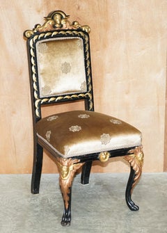 Four Restored Antique Victorian Heavily Carved Ebonised Gold Gilt Dining Chairs