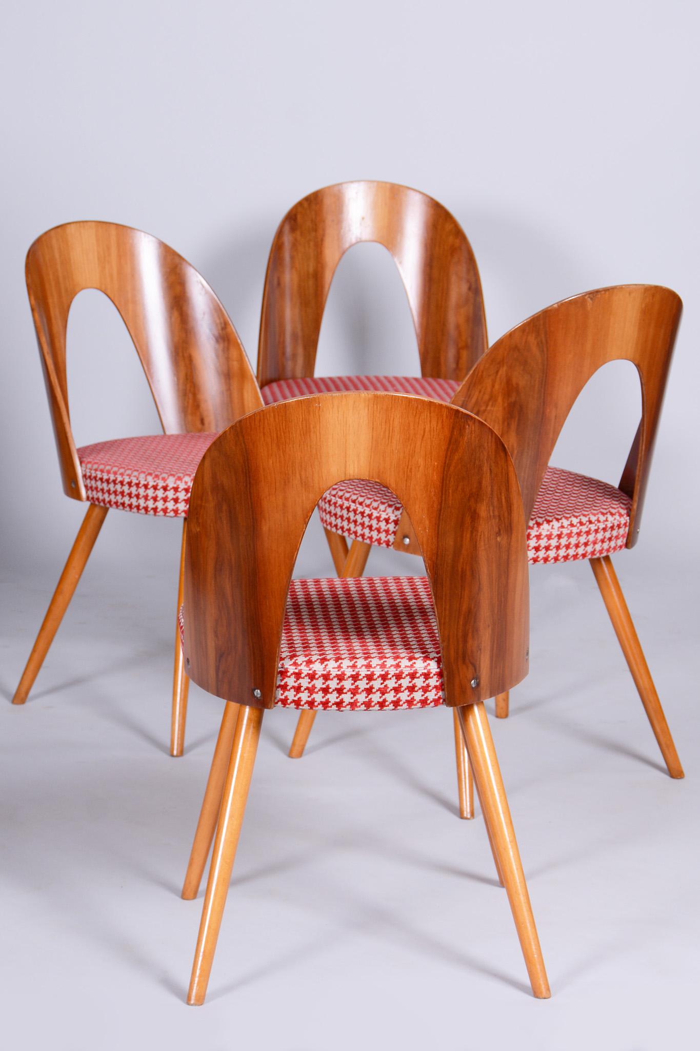 Fabric Four Restored Midcentury Chairs, Antonin Suman, Beech, Walnut, Czechia, 1950s For Sale