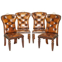 FOUR RESTORED RALPH LAUREN BROWN LEATHER CHESTERFIELD DINING CHAIRs