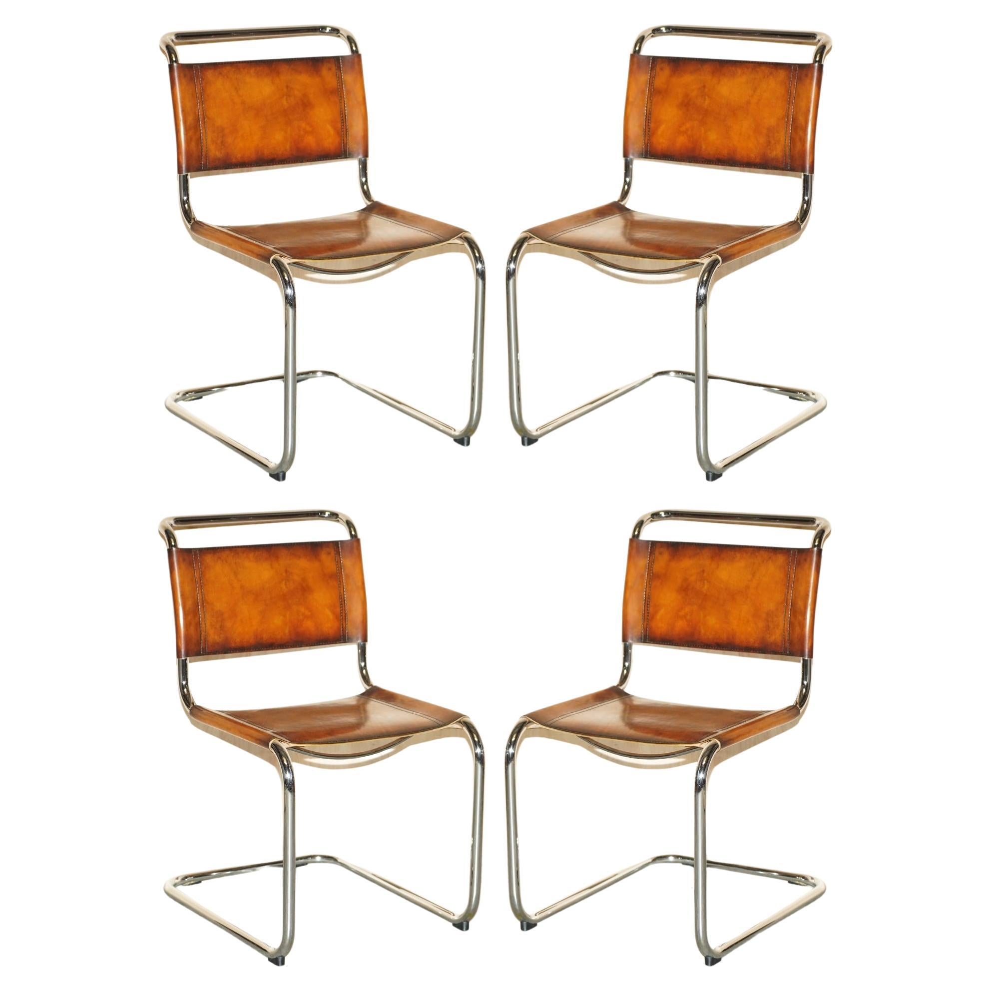 Four Restored Vintage Brown Leather Marcel Breuer B34 Fasem Dining Armchairs 4 For Sale