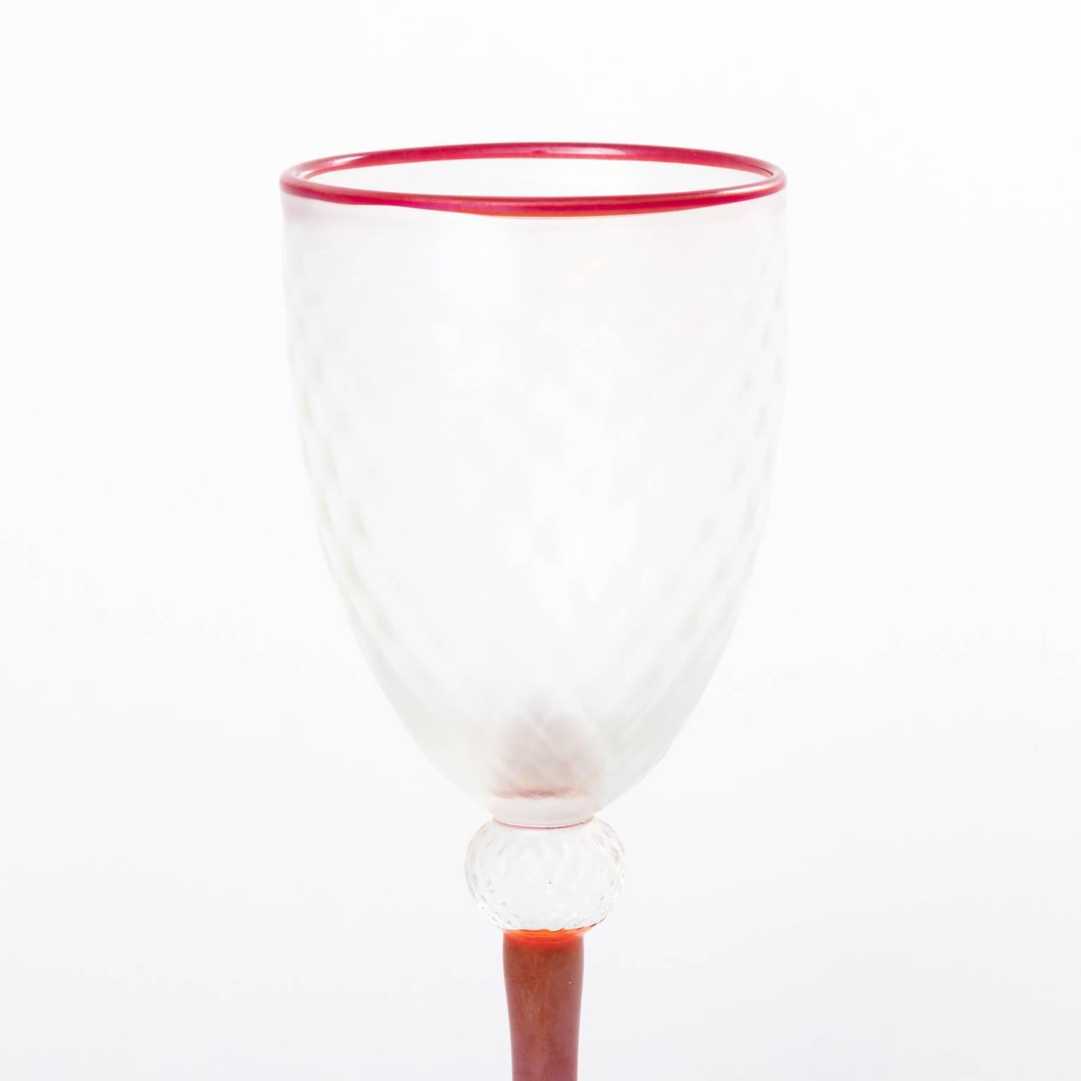 Mid-Century Modern Four Rick Strini Studio Diamond Luster Iridescent Red Wine Drinking Glasses