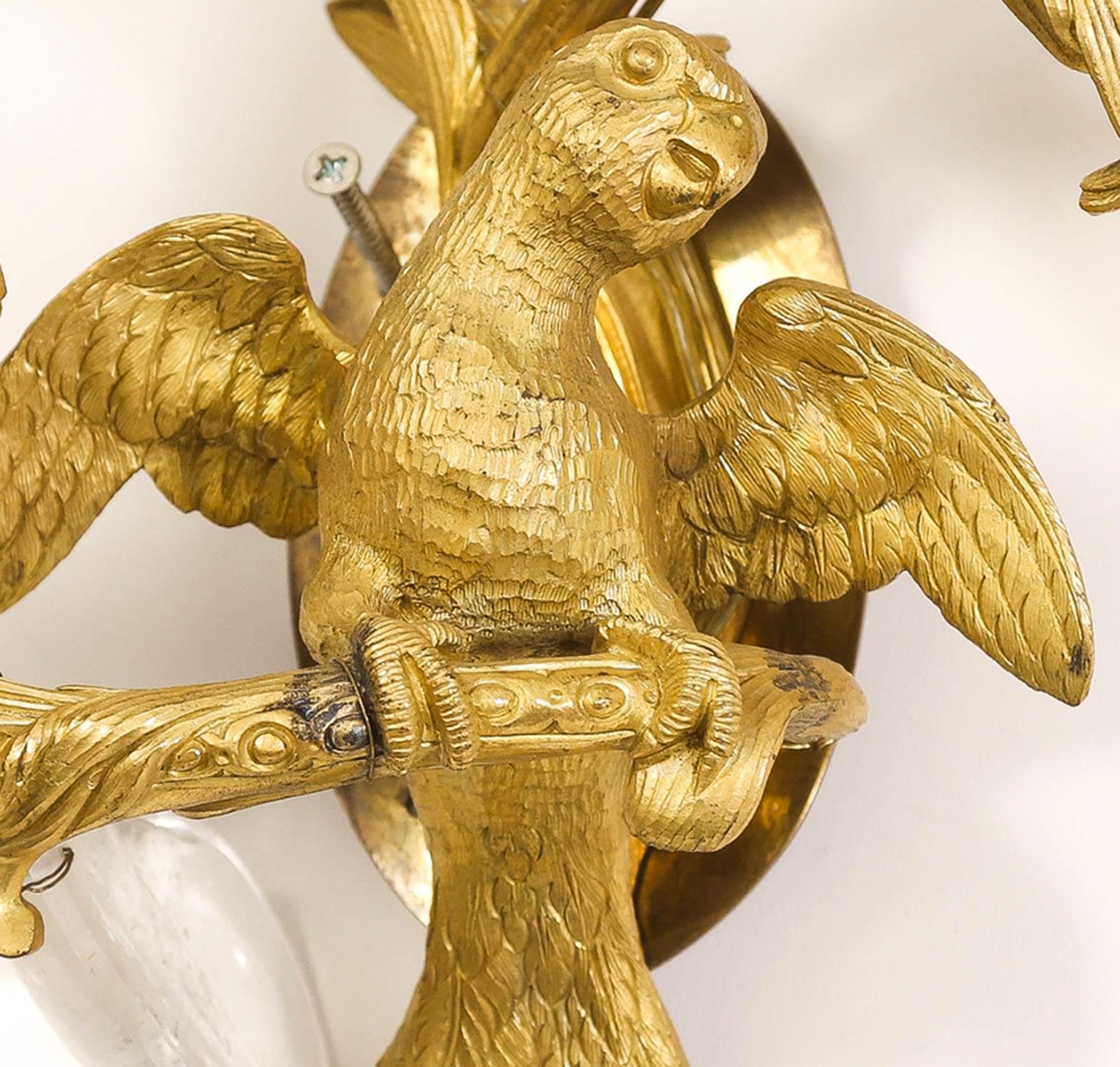  Set of Four Rococo Style Gilt Bronze Three Light Sconces with Parrots and Rock Crystal teardrop ornamental accents 

French

Circa 1900

26.75