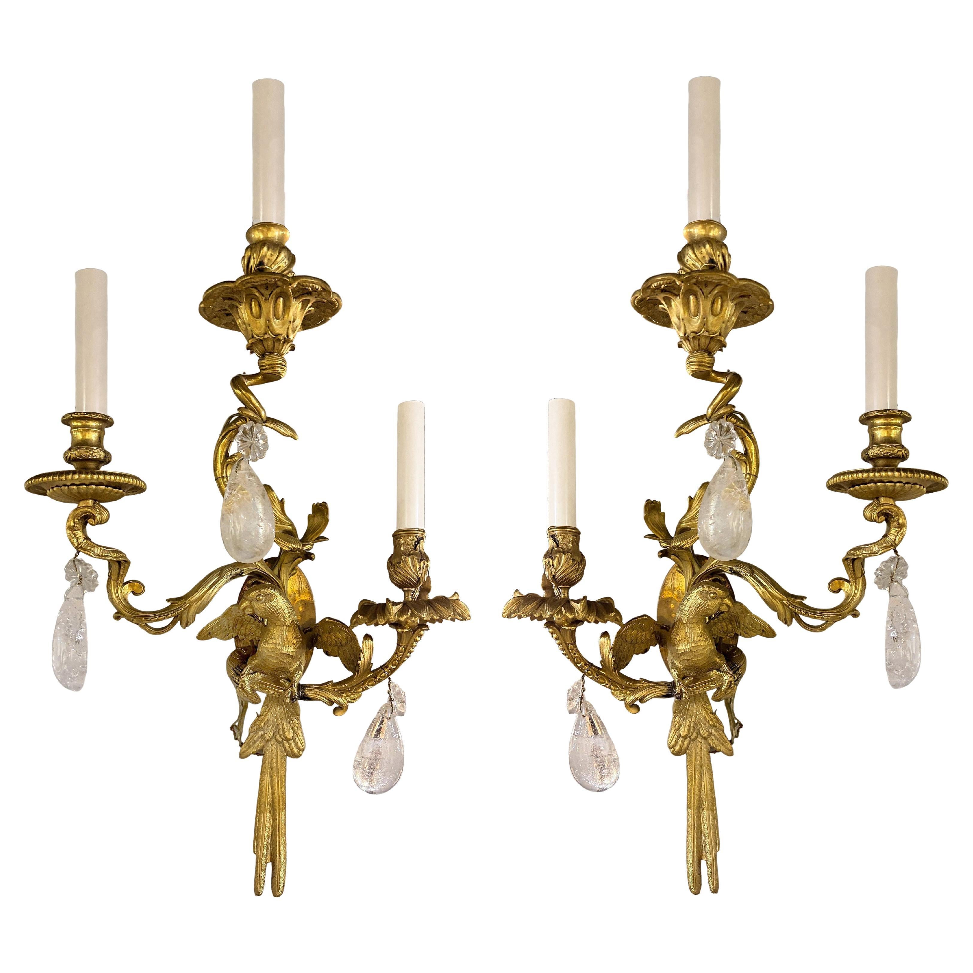 Four Rococo Style Gilt Bronze Three Light Parrot Sconces