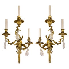 Four Rococo Style Gilt Bronze Three Light Parrot Sconces