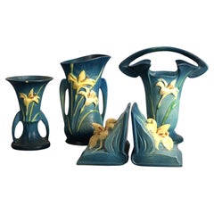 Vintage Four Roseville Art Pottery Pieces, Zephyr Lily in Blue, Signed, Mid 20thC