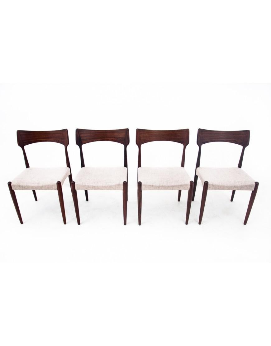 Set of four dining chairs designed by Bernhard Pedersen & Son, manufactured in Denmark in the 1960s.

Furniture in very good condition, after professional renovation in our workshop. The seat has been covered with new beige fabric.

Classic