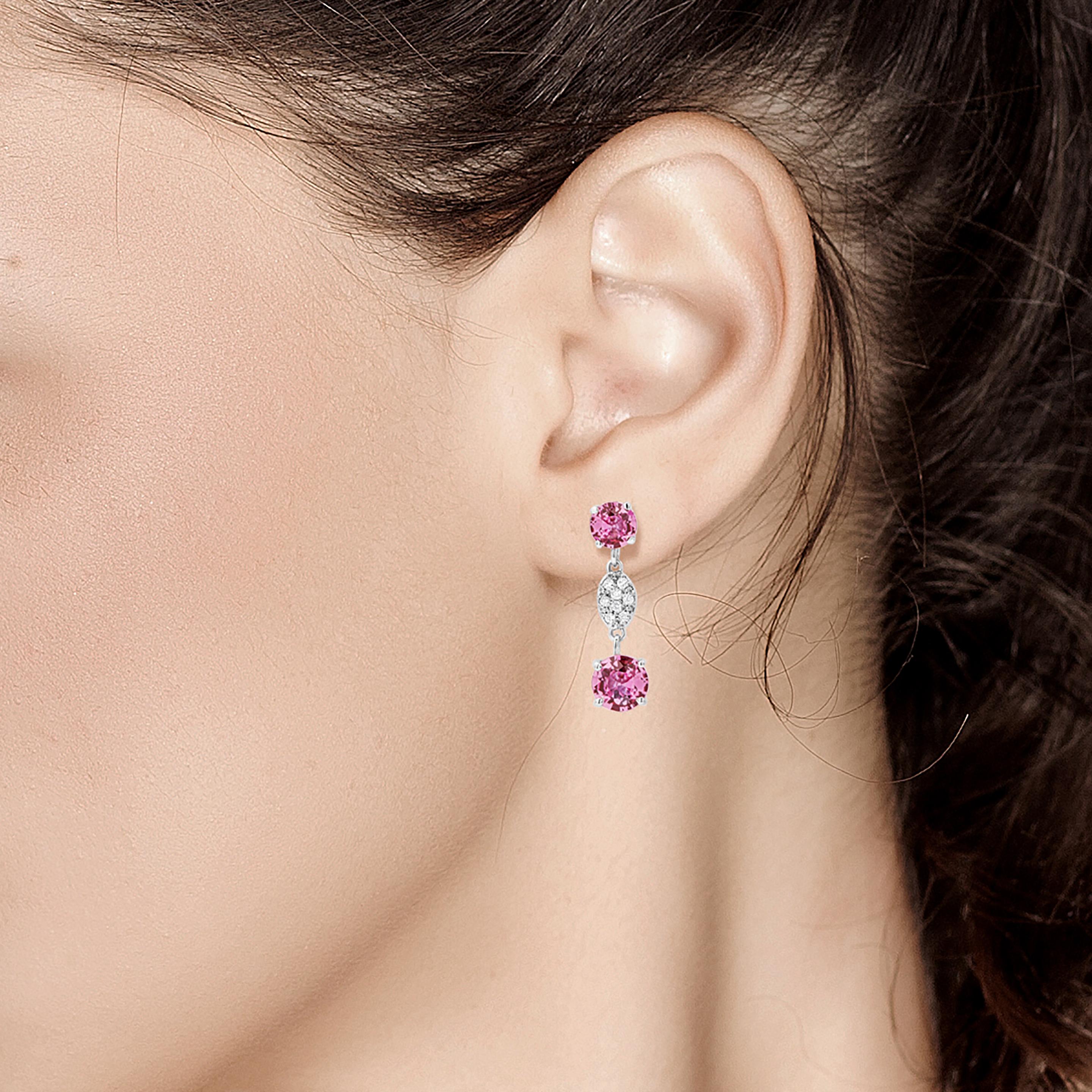 Women's OGI Round Pink Ceylon Sapphires and Diamond White Gold Drop Earrings